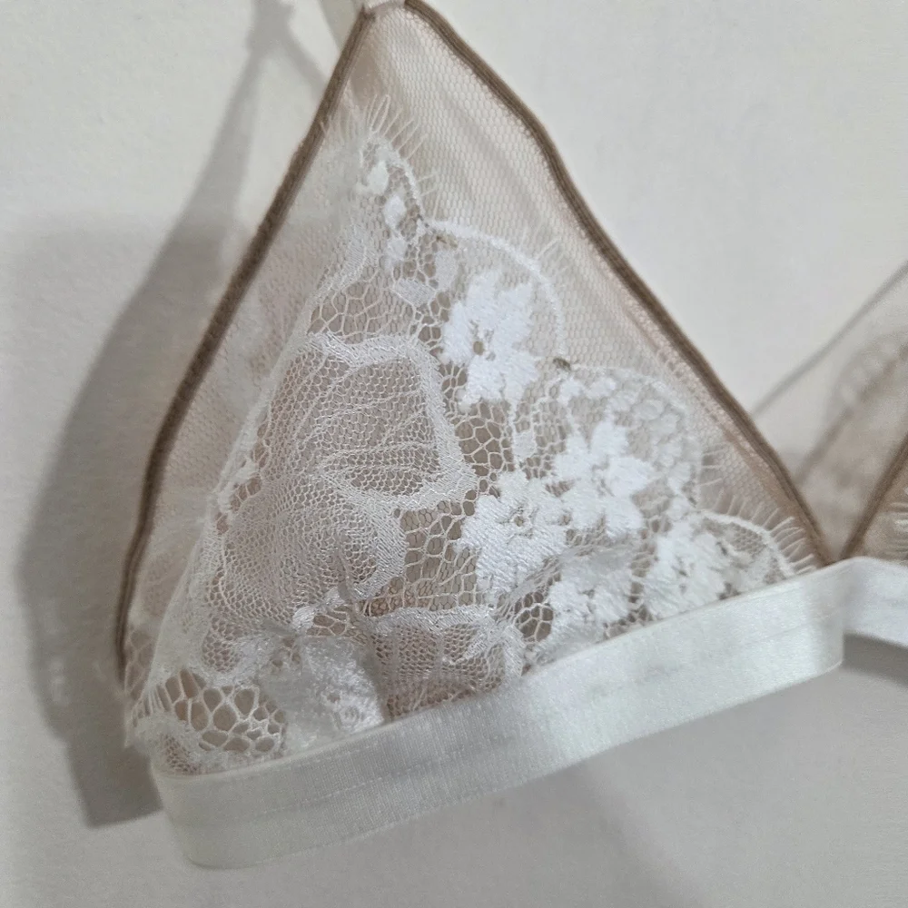 NWT For Love & Lemons Skivvies Lace Mesh Triangle Bralette White Nude Small - Picture 3 of 7